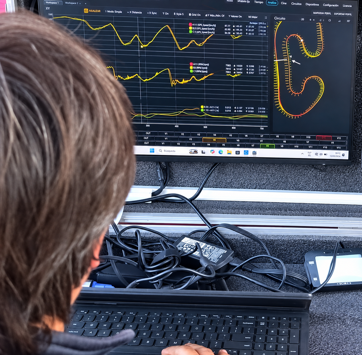 Puesto de análisis en pista con NiGanalysis mostrando telemetría y mapa del circuito